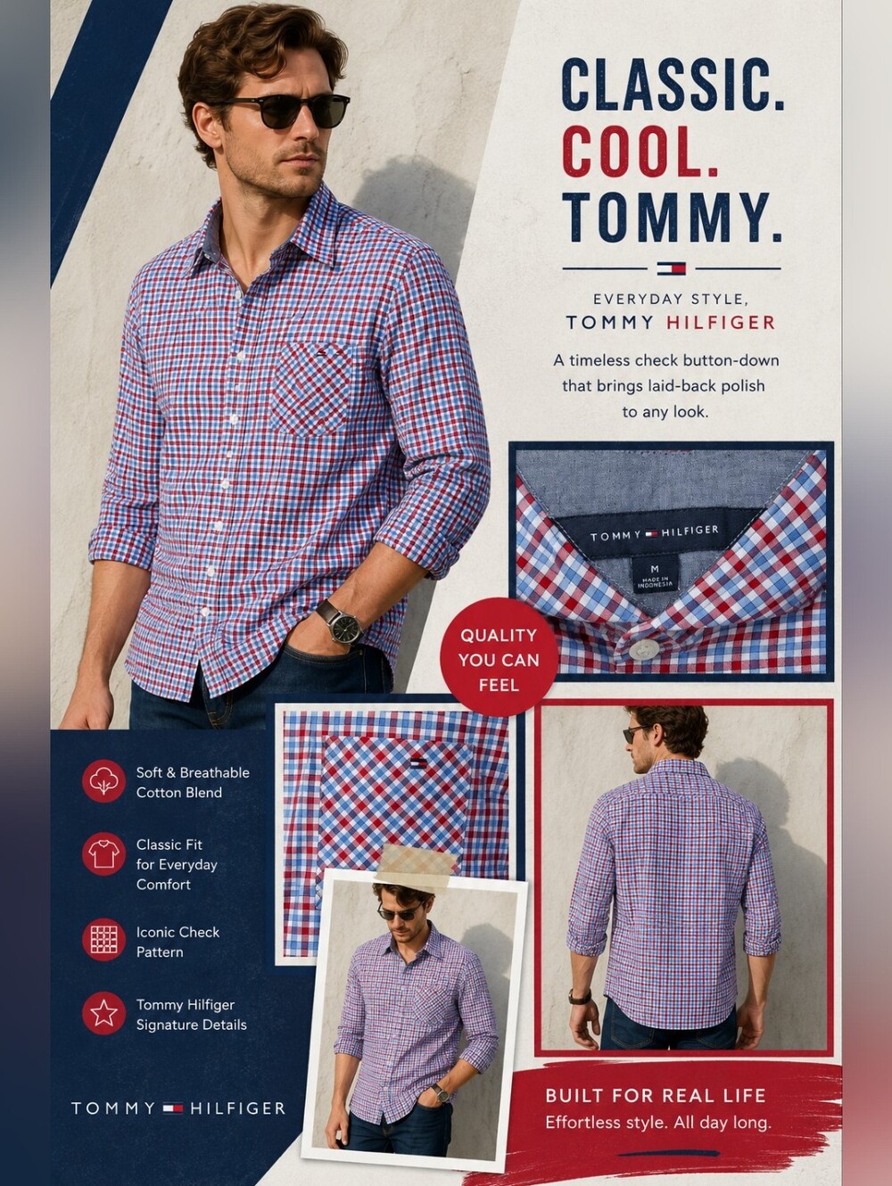 Tommy Hilfiger Red Blue Plaid Button Down Shirt Roll Tab Sleeve M